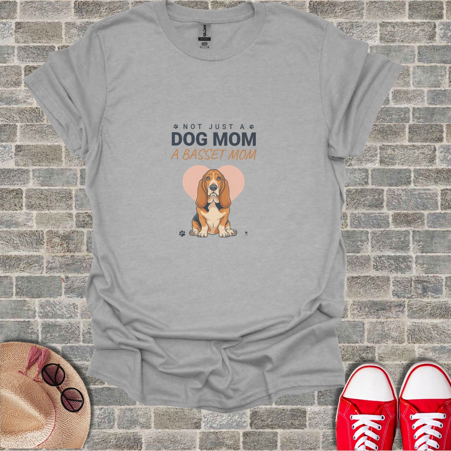 Grey t-shirt with "Not Just a Dog Mom, A Basset Mom" and Basset Hound graphic.