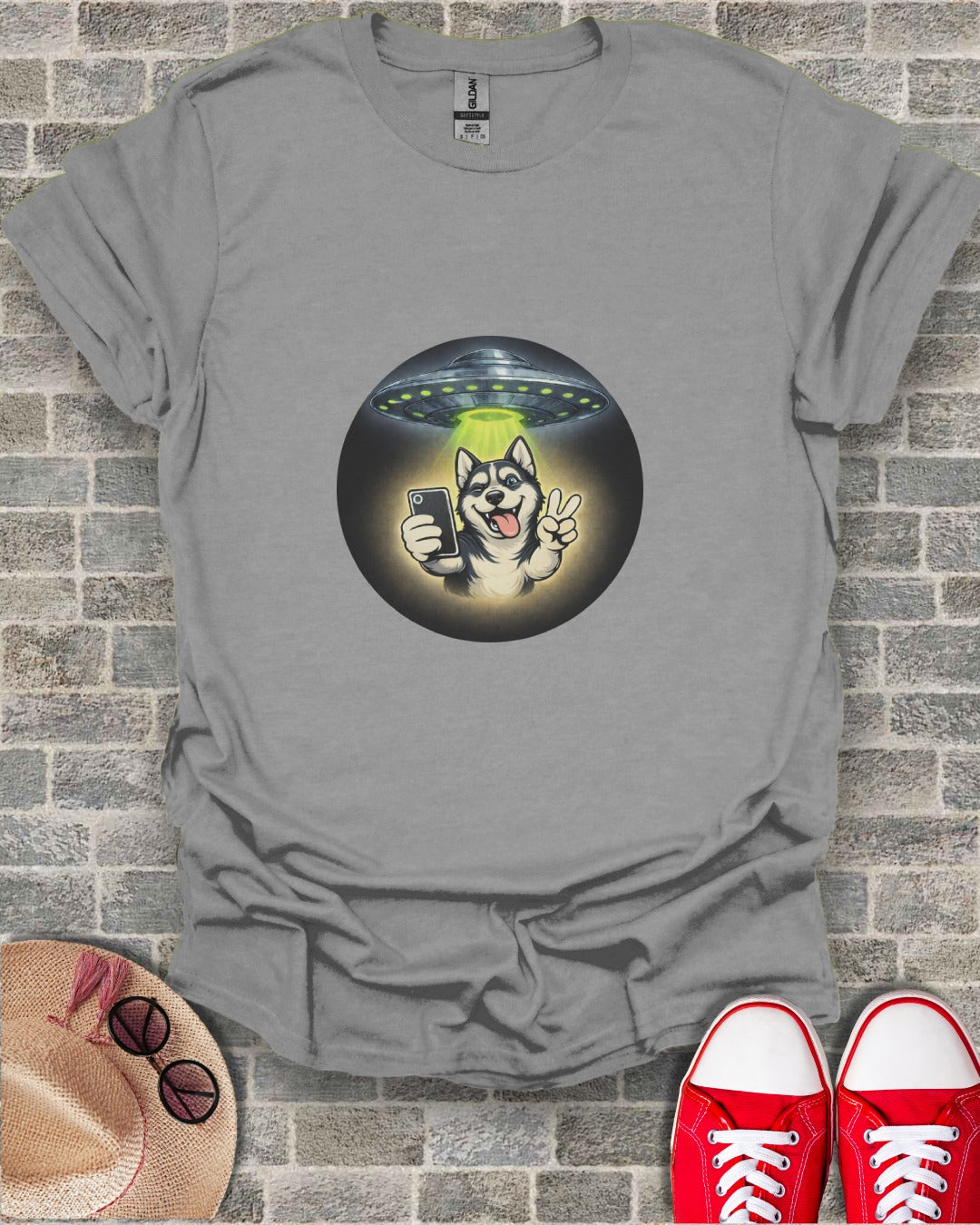 Funny Dog with UFO and Selfie Graphic T-shirt