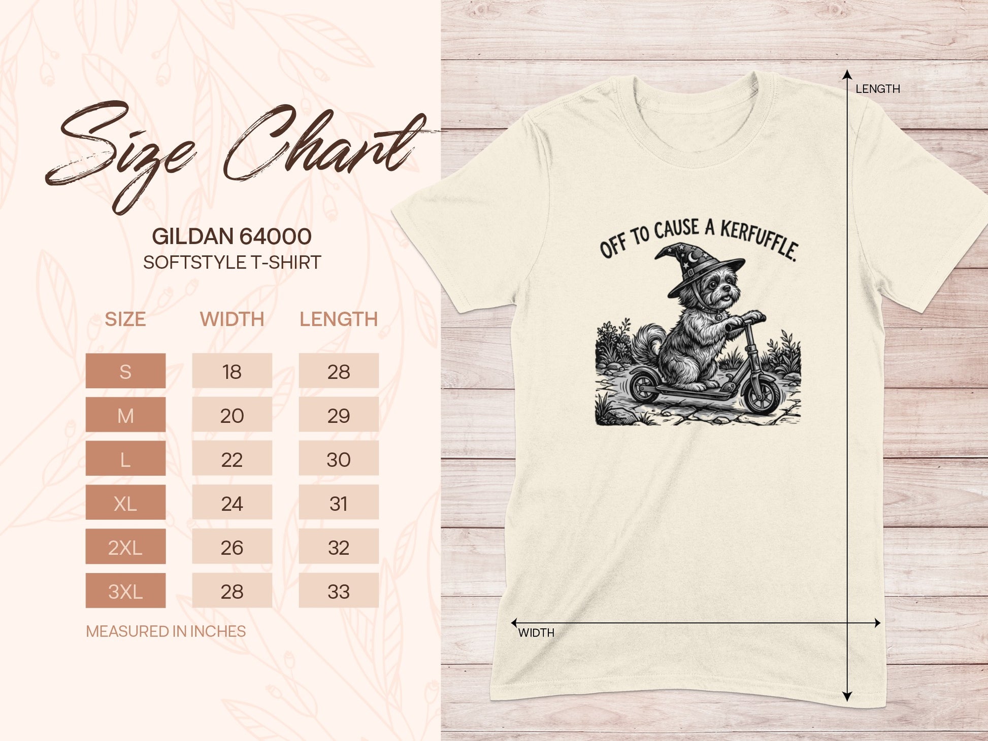 Gildan 64000 softstyle t-shirt size chart and graphic of dog on scooter.