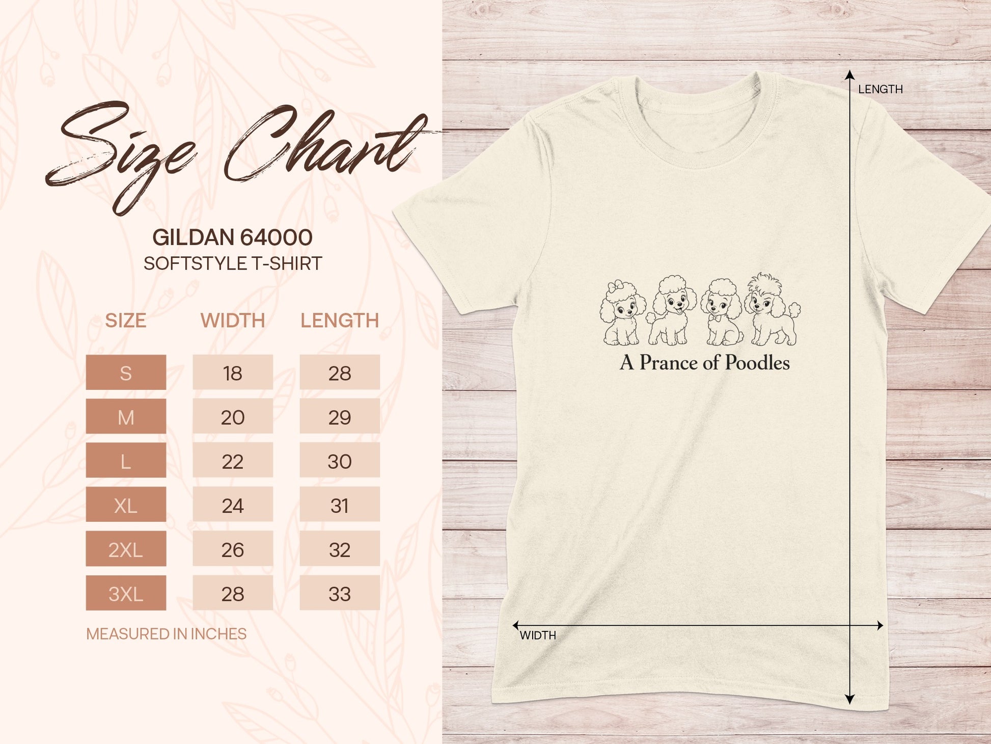 Gildan 64000 softstyle t-shirt size chart with poodle graphic.