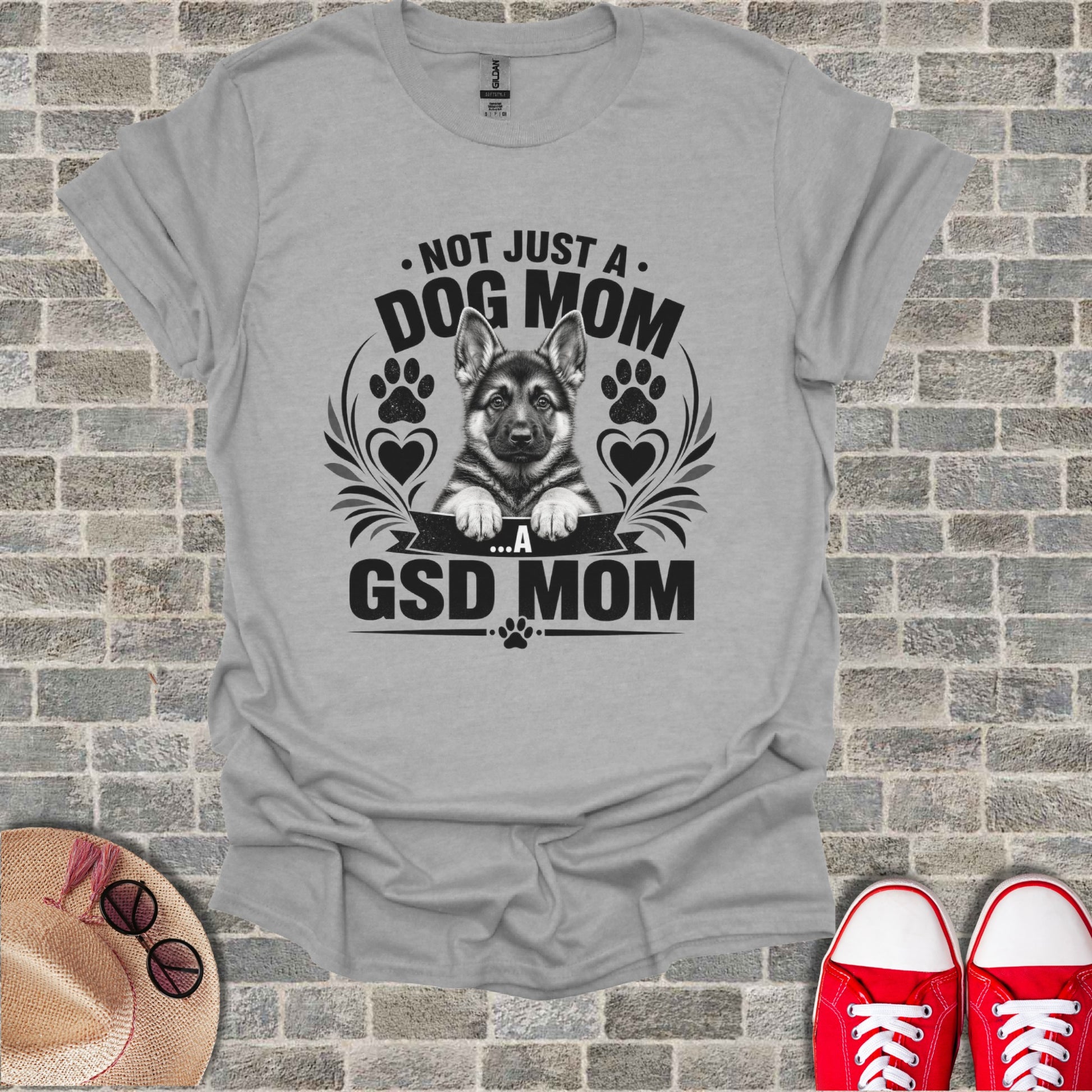 Grey t-shirt with "Not Just a Dog Mom ...A GSD Mom" text and German Shepherd graphic.