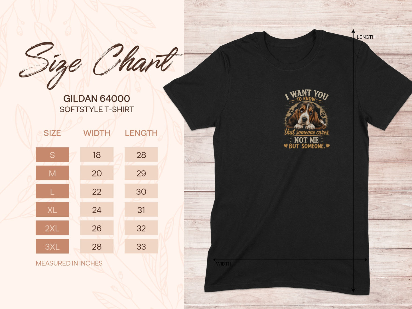 Gildan 64000 t-shirt size chart with dog graphic.