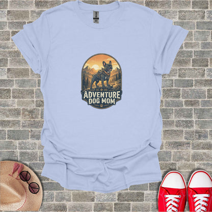 Light blue t-shirt with "Adventure Dog Mom" and French bulldog graphic.