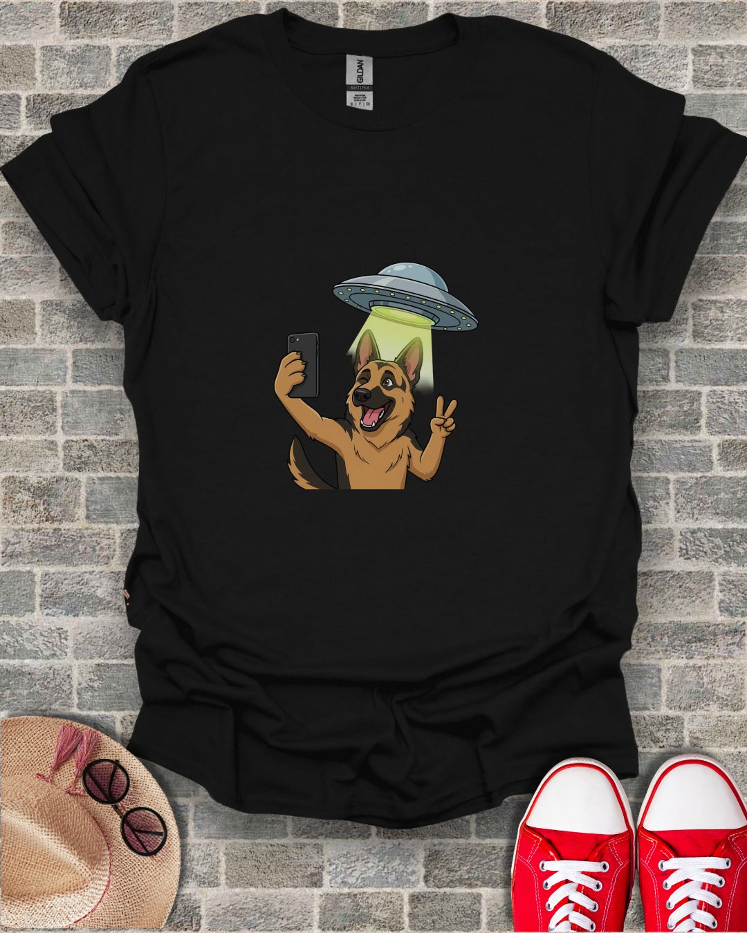 German Shepherd Taking Selfie with UFO T-Shirt