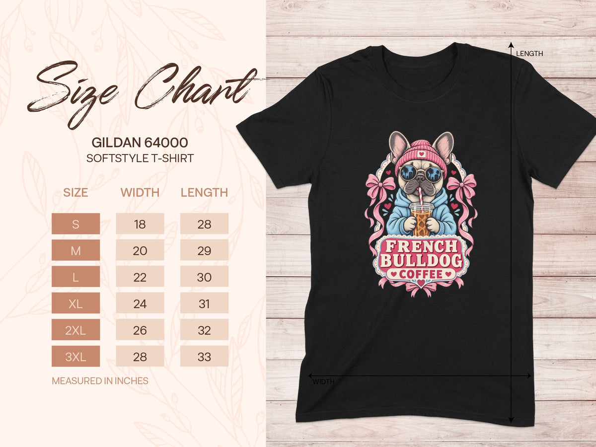 French Bulldog coffee graphic on a black Gildan 64000 t-shirt with size chart.