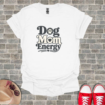 White t-shirt with "Dog Mom Energy" graphic featuring paw print.