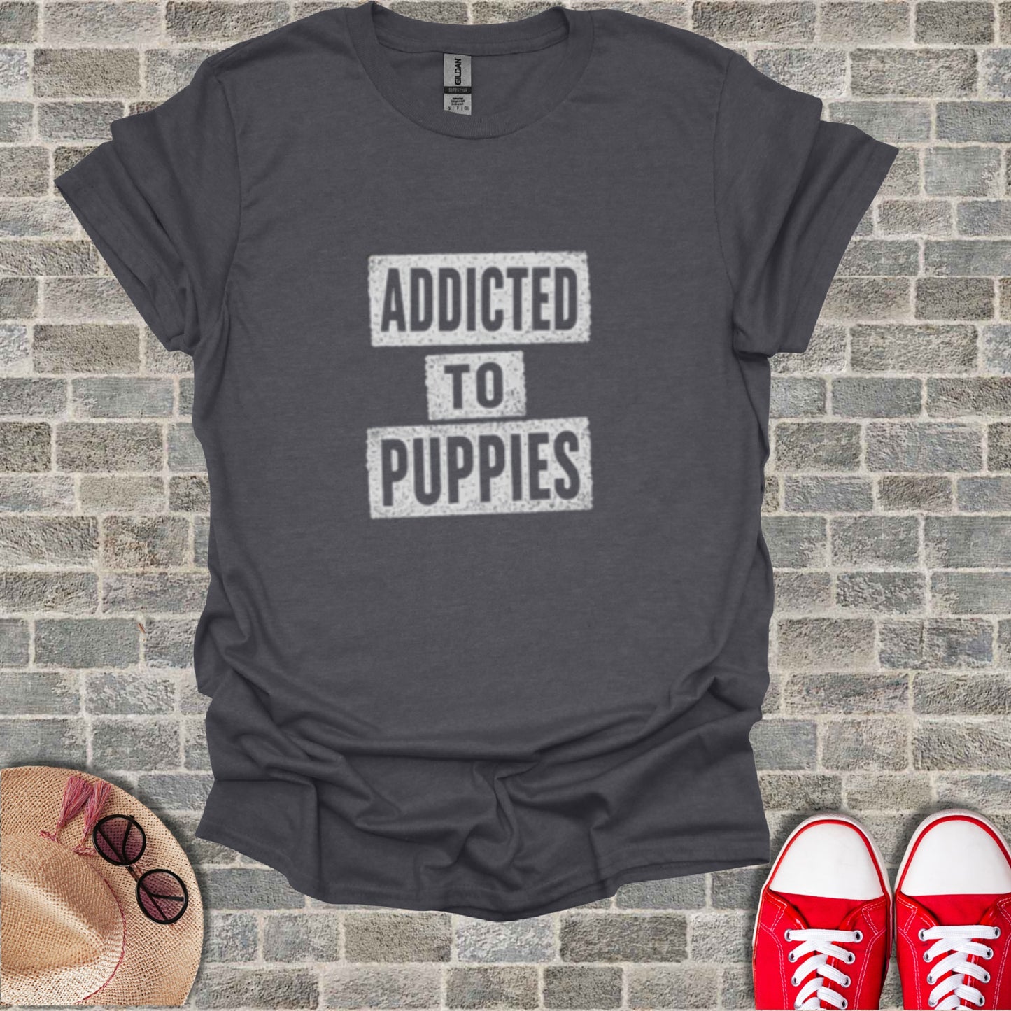 Dark grey t-shirt with "ADDICTED TO PUPPIES" text.
