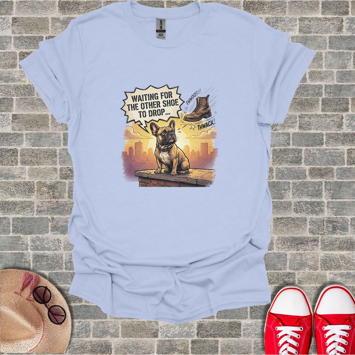 French bulldog waiting for a shoe to drop, with "FWWOOSH!" and "THWACK!".