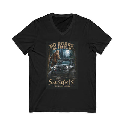 Sasqets 'No Roads No Problem' V-Neck Tee —Brighter Still Sasquatch Off-Road Adventure T-Shirt