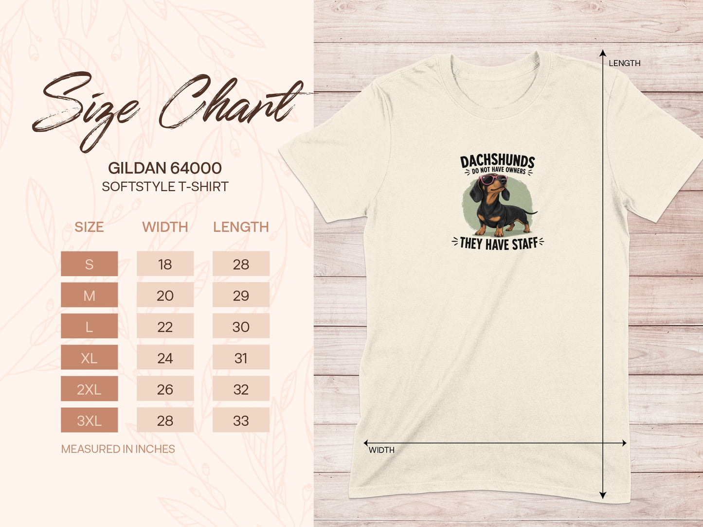Gildan 64000 size chart for softstyle t-shirts with dachshund graphic.