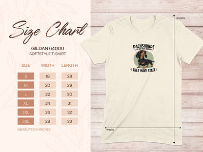 Gildan 64000 size chart for softstyle t-shirts with dachshund graphic.