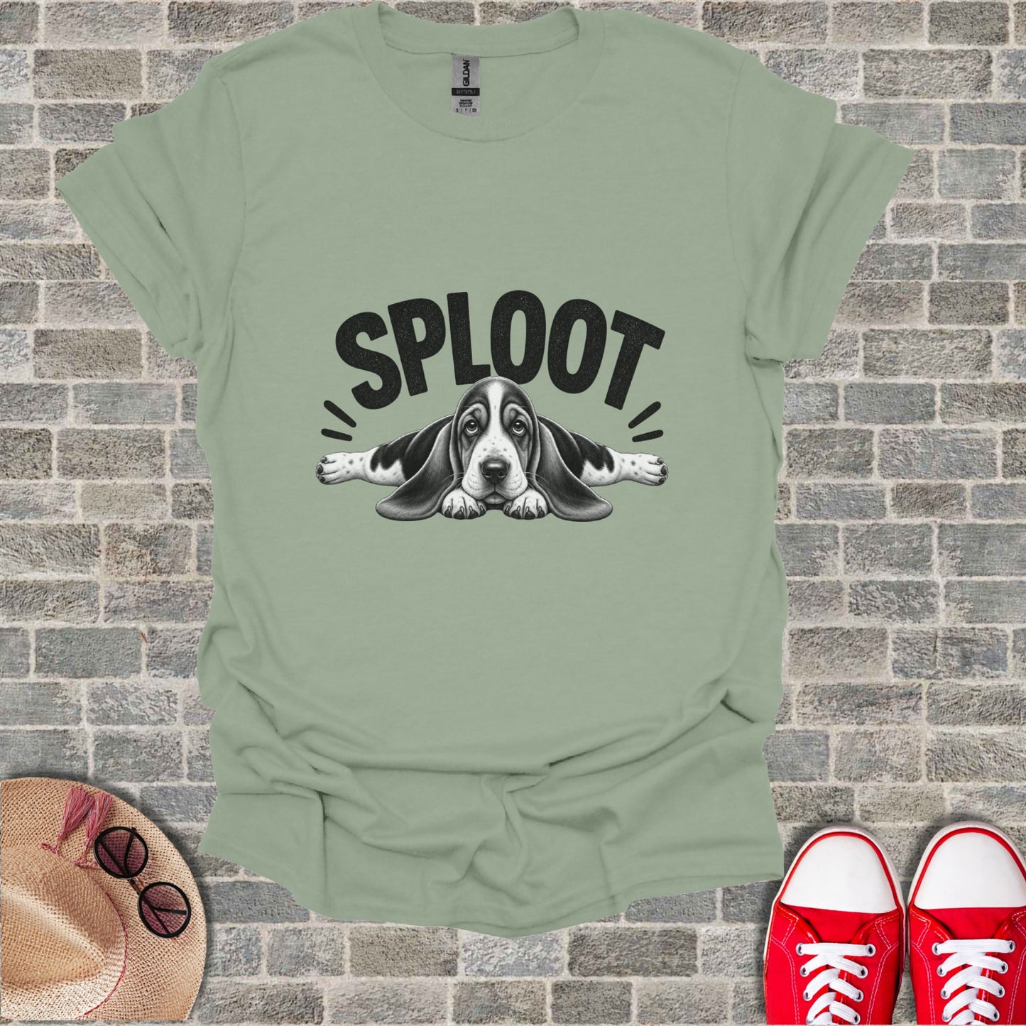 Light green t-shirt with "SPLOOT" text and a Basset Hound dog graphic.