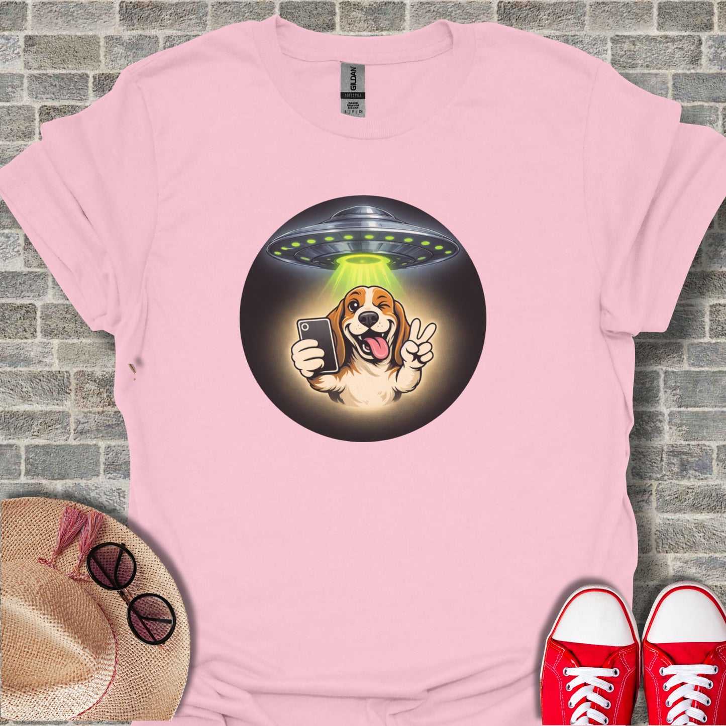 Alien Abduction Dog Peace Sign Selfie T-Shirt