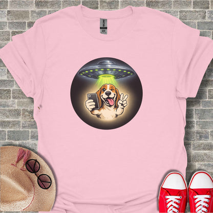 Alien Abduction Dog Peace Sign Selfie T-Shirt
