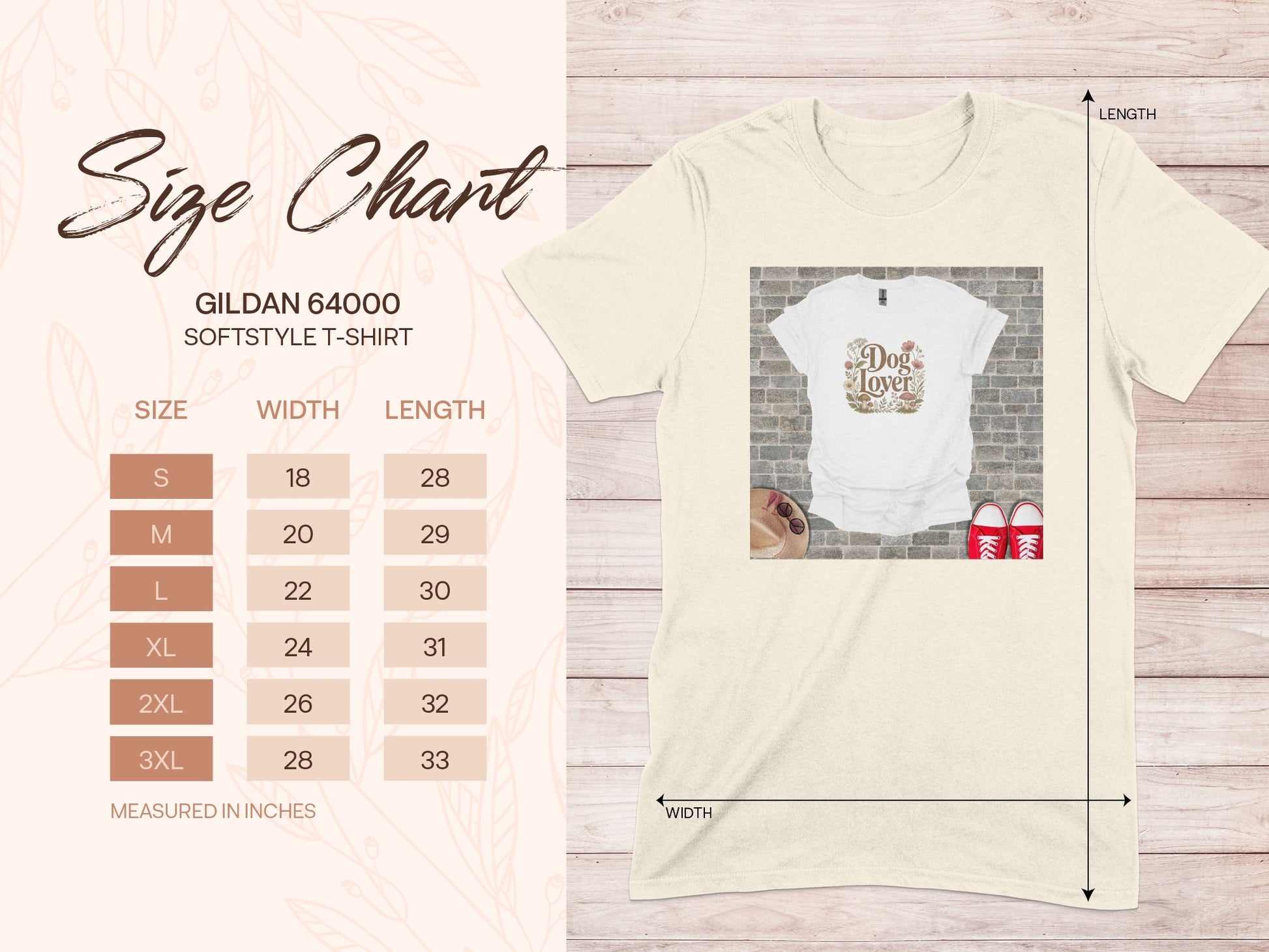 Gildan 64000 size chart for softstyle t-shirts with measurements.