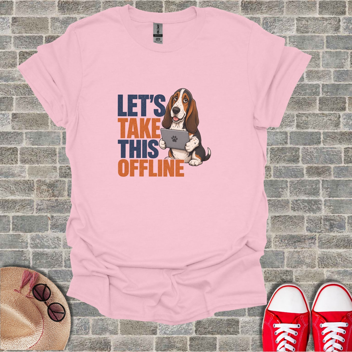 Pink t-shirt with "Let's Take This Offline" text and a Basset Hound holding a tablet.