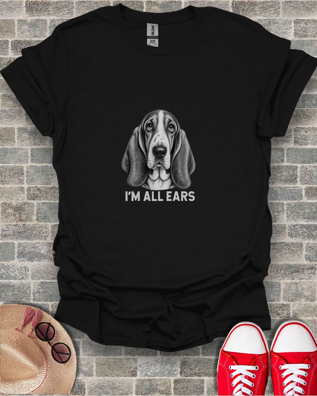 Black t-shirt with Basset Hound graphic and "I'M ALL EARS" text.