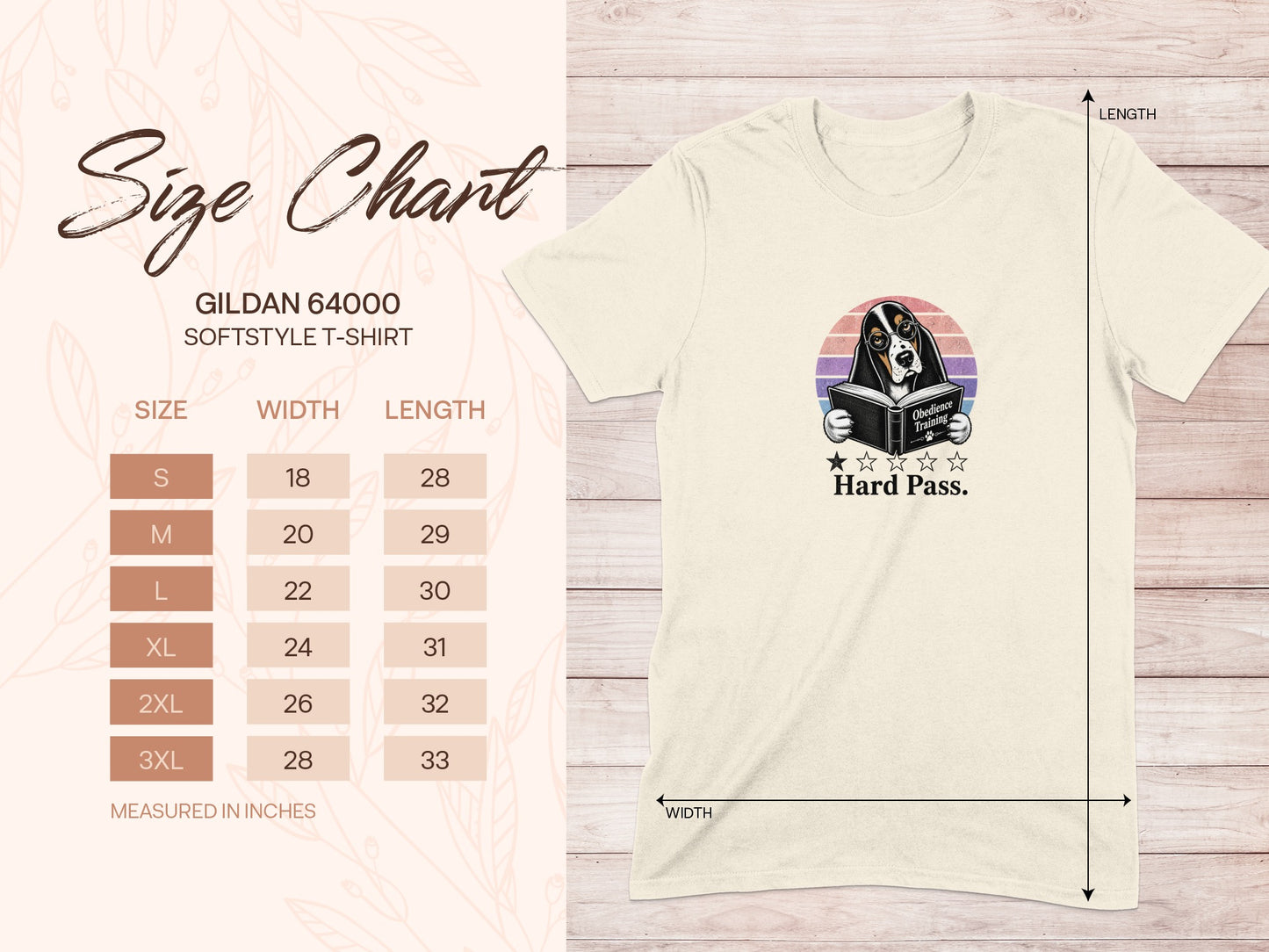Gildan 64000 size chart for a t-shirt with dog obedience training graphic.