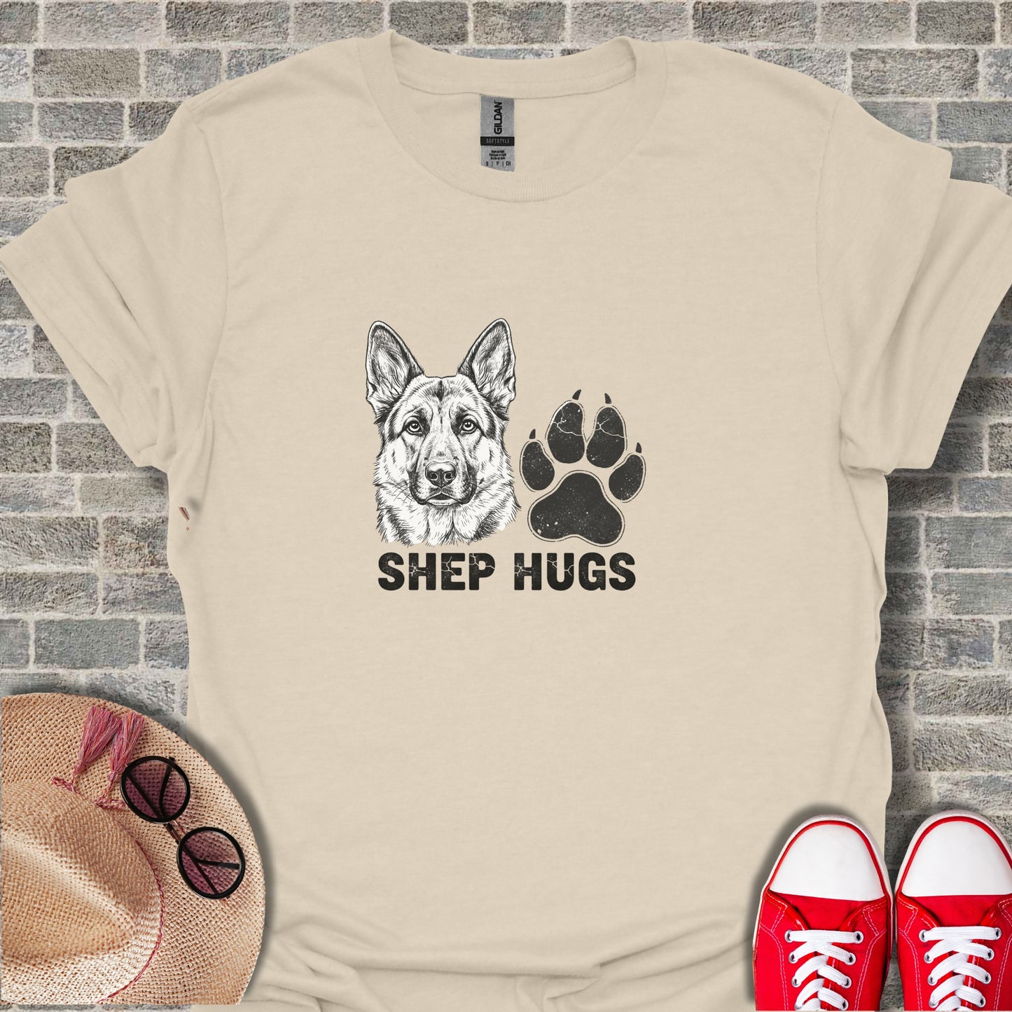 German Shepherd head and paw print with "SHEPHUGS" text.