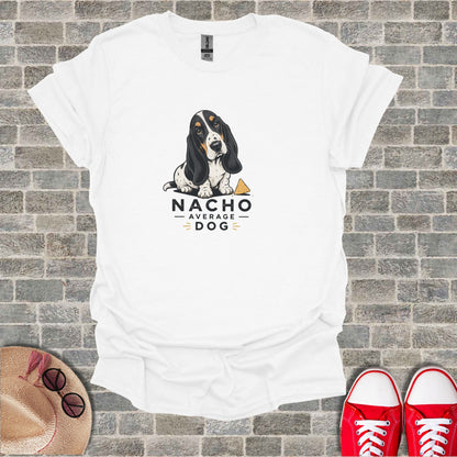 White t-shirt with a cartoon basset hound and "Nacho Average Dog" text.