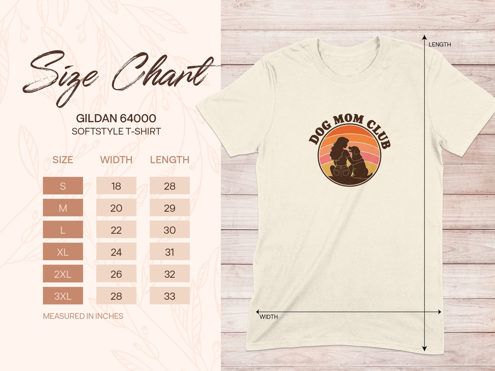 Gildan 64000 size chart with dog mom club graphic on t-shirt.