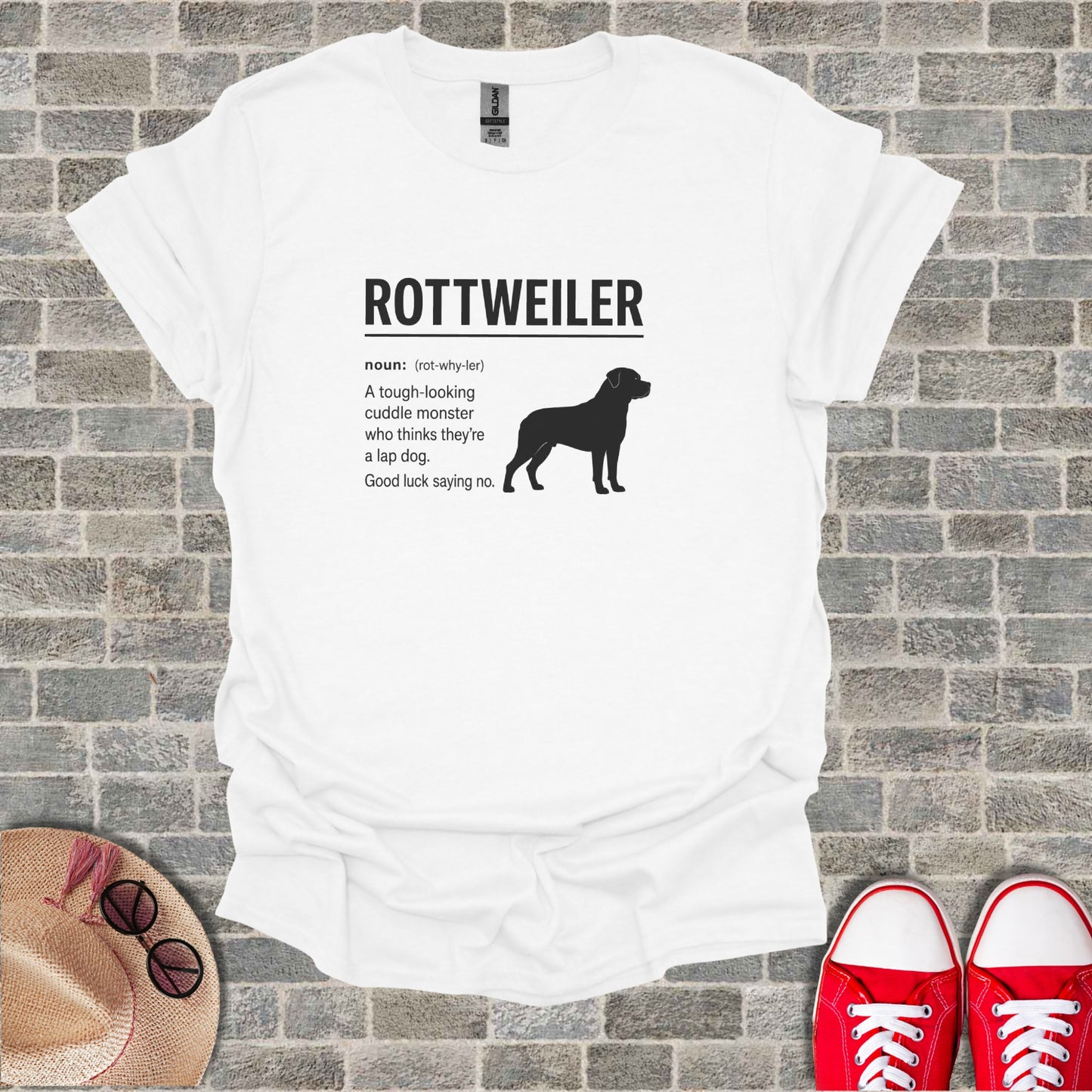 White t-shirt with Rottweiler graphic and definition.