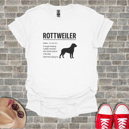 White t-shirt with Rottweiler graphic and definition.