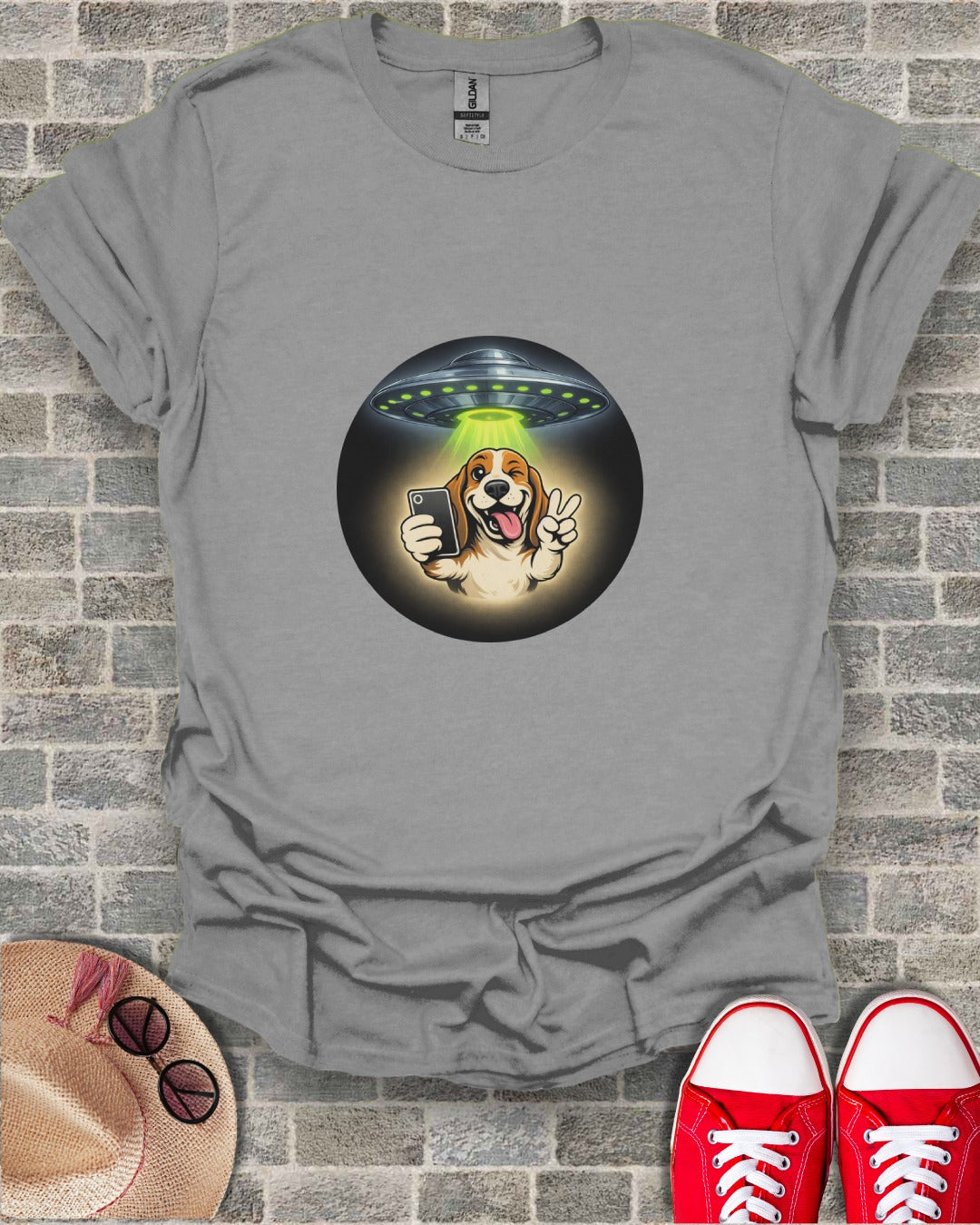 Dog Taking Selfie with UFO Light Beam T-shirt