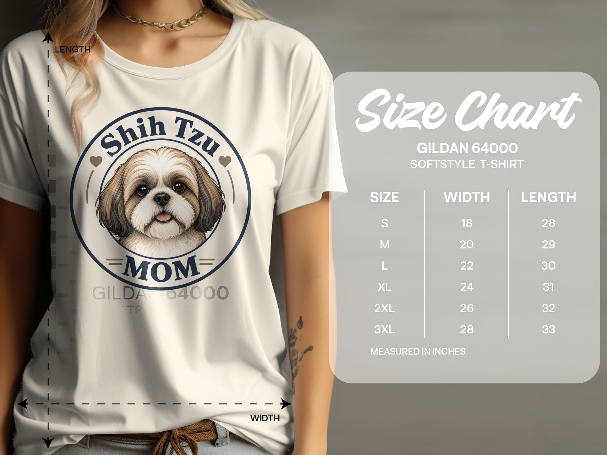Shih Tzu Mom t-shirt graphic with Gildan 64000 size chart.