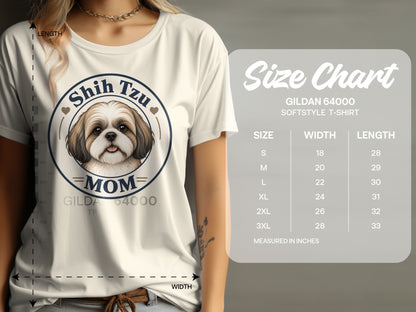 Shih Tzu Mom t-shirt graphic with Gildan 64000 size chart.
