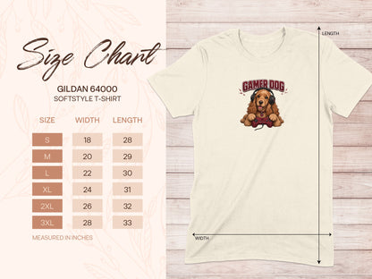 Gildan 64000 softstyle t-shirt size chart with gamer dog graphic.