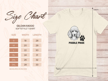 Gildan 64000 T-shirt size chart with poodle graphic and "Poodle Pride" text.