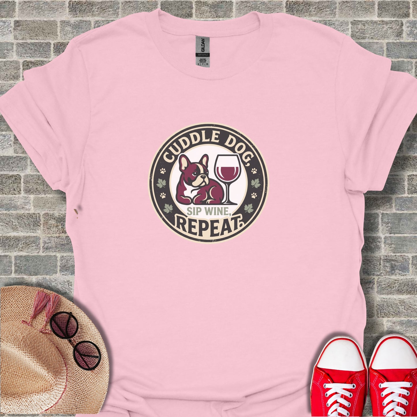Cuddle Dog Sip Wine Repeat Graphic Tee for Dog Lovers