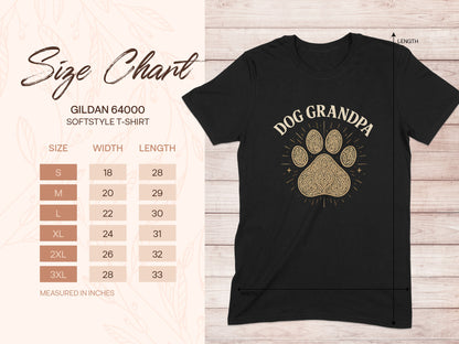 Gildan softstyle t-shirt size chart with "Dog Grandpa" graphic.