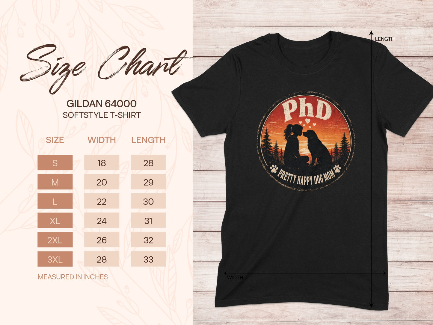 Gildan 64000 size chart for softstyle t-shirt with PhD Pretty Happy Dog Mom graphic.