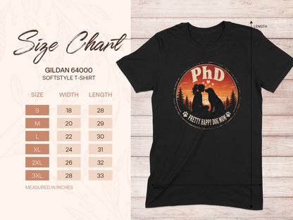 Gildan 64000 size chart for softstyle t-shirt with PhD Pretty Happy Dog Mom graphic.