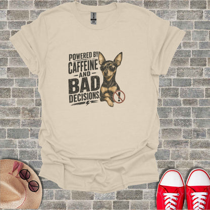 Cream t-shirt with black text and a dog wearing sunglasses.