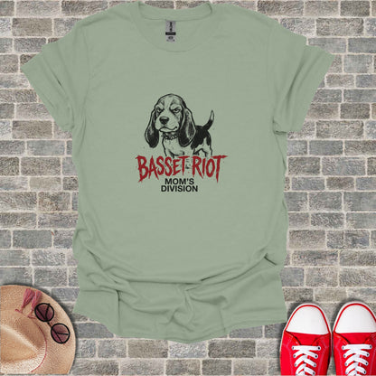 Light green t-shirt with Basset Riot Mom's Division graphic.
