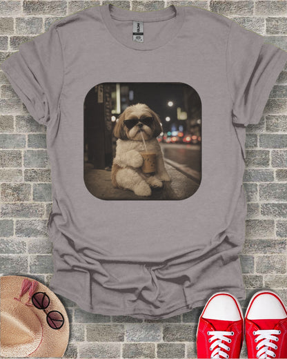 Shih Tzu wearing sunglasses drinks iced coffee, a funny dog graphic.
