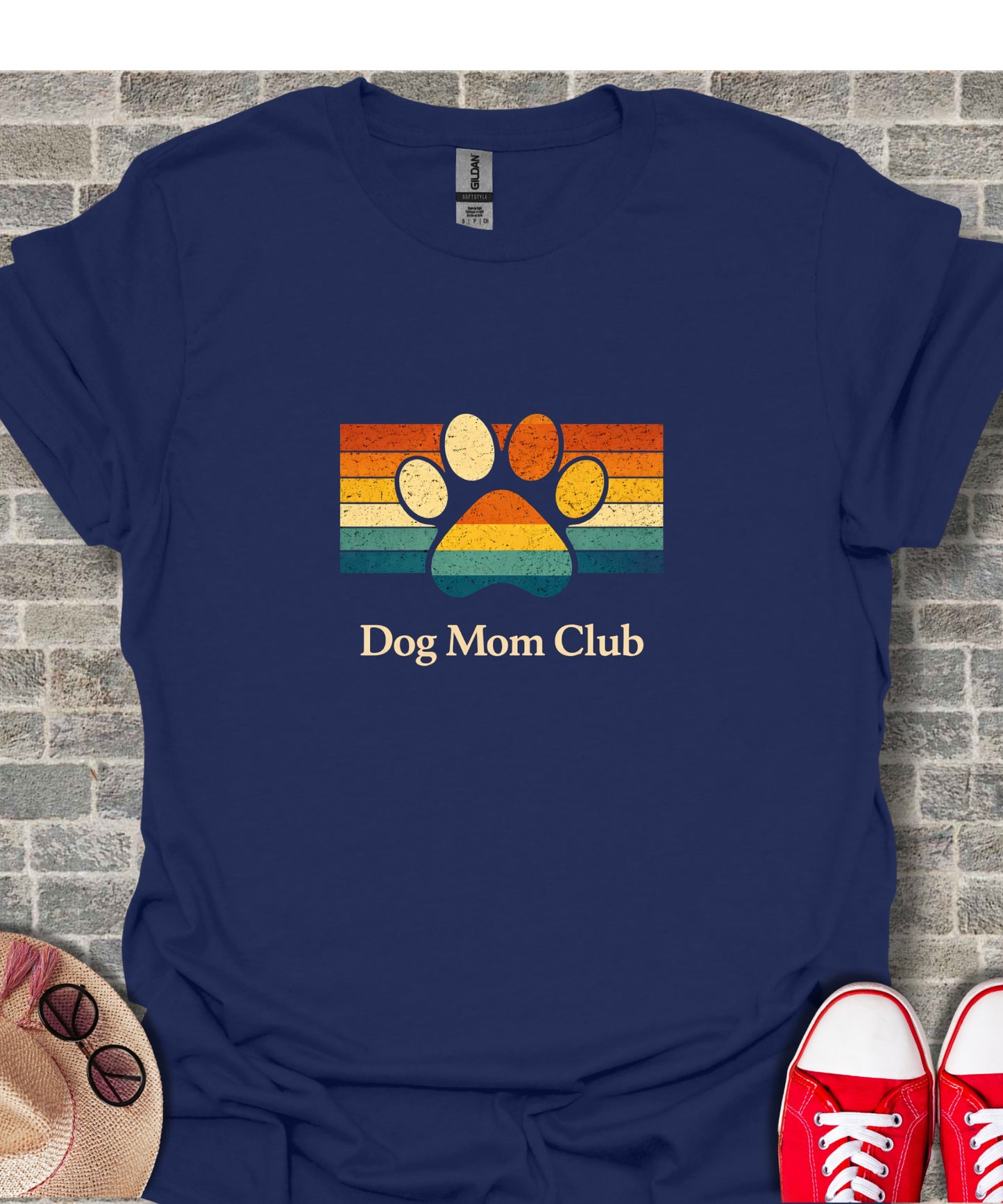 Dog Mom Club Paw Print Retro Stripes Design Navy T-Shirt product type