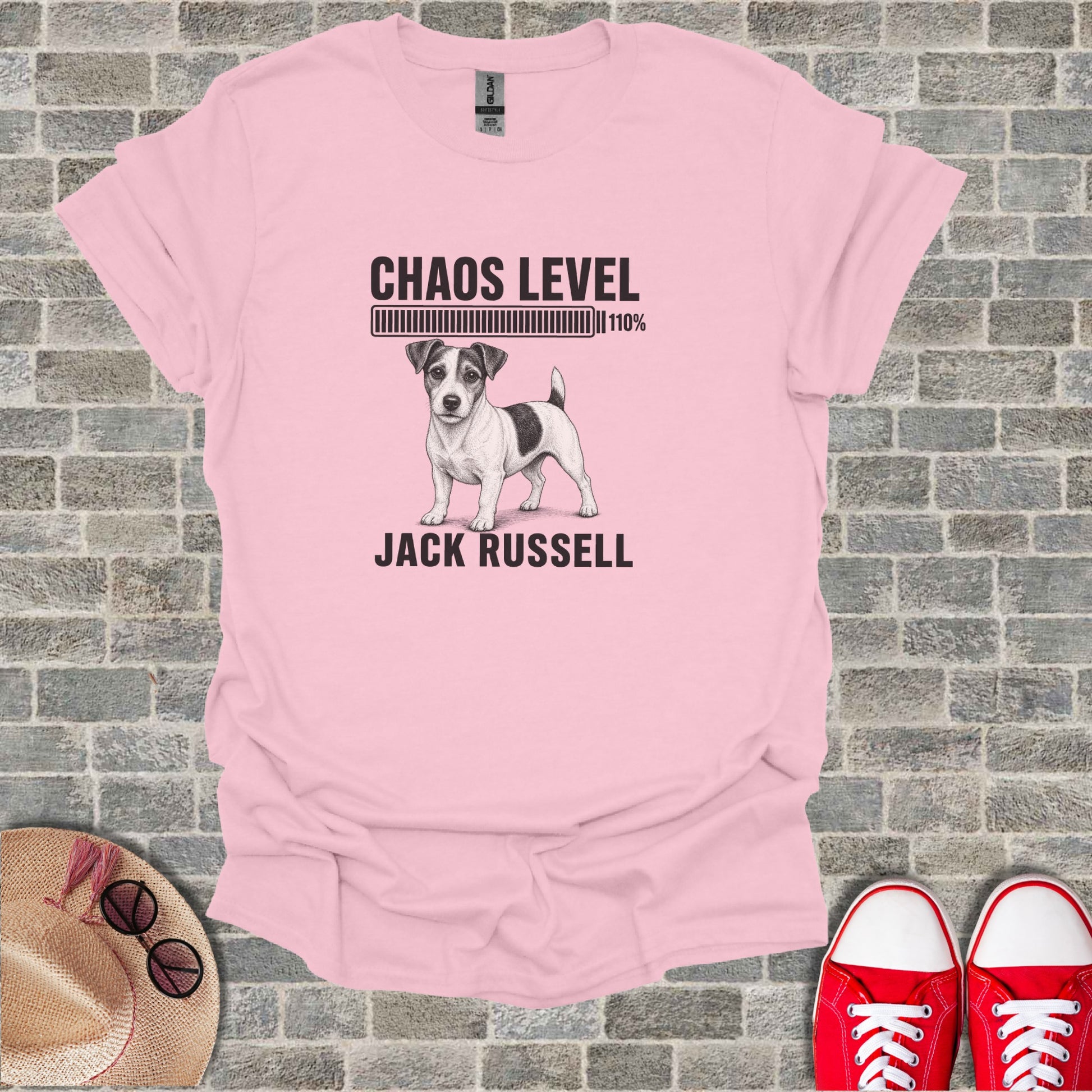 Pink t-shirt with a Jack Russell and text "Chaos Level 110%".