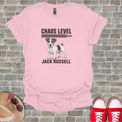 Pink t-shirt with a Jack Russell and text "Chaos Level 110%".