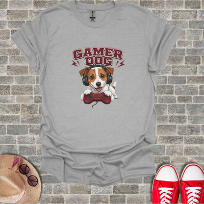 Gray t-shirt with "Gamer Dog" text and a dog wearing headphones and holding a controller.