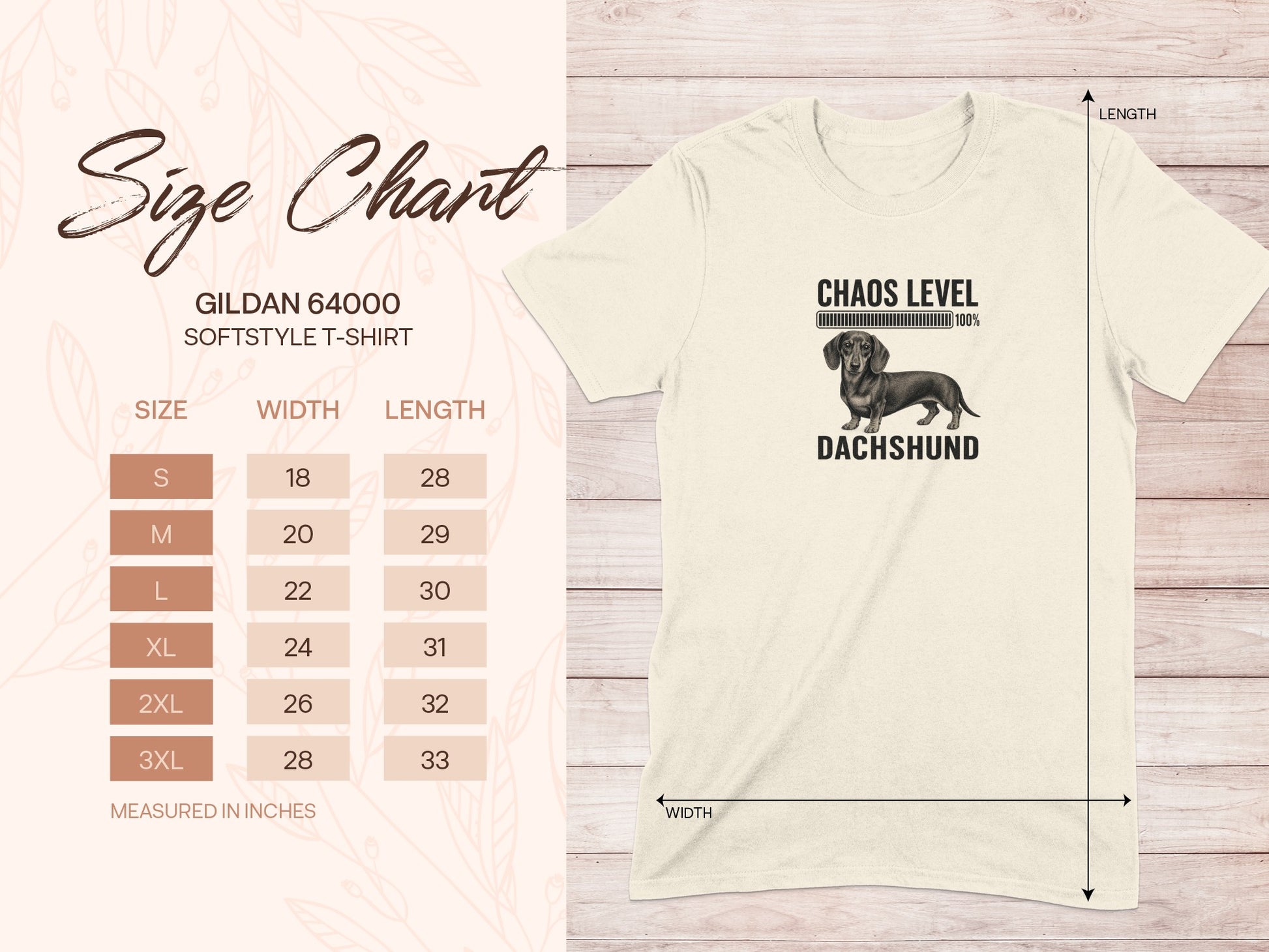 Gildan 64000 t-shirt size chart and a Dachshund graphic.