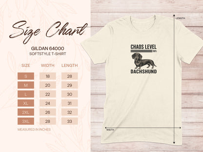 Gildan 64000 t-shirt size chart and a Dachshund graphic.