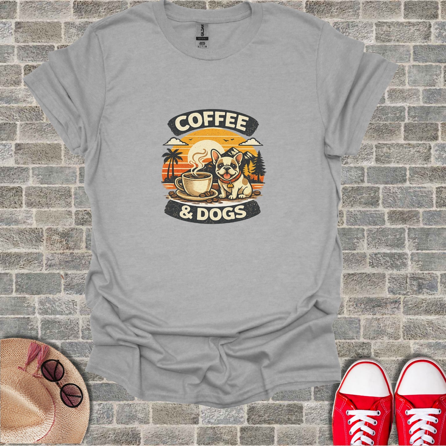 COFFEE & DOGS French Bulldog Sunset Mountains Palms shirt