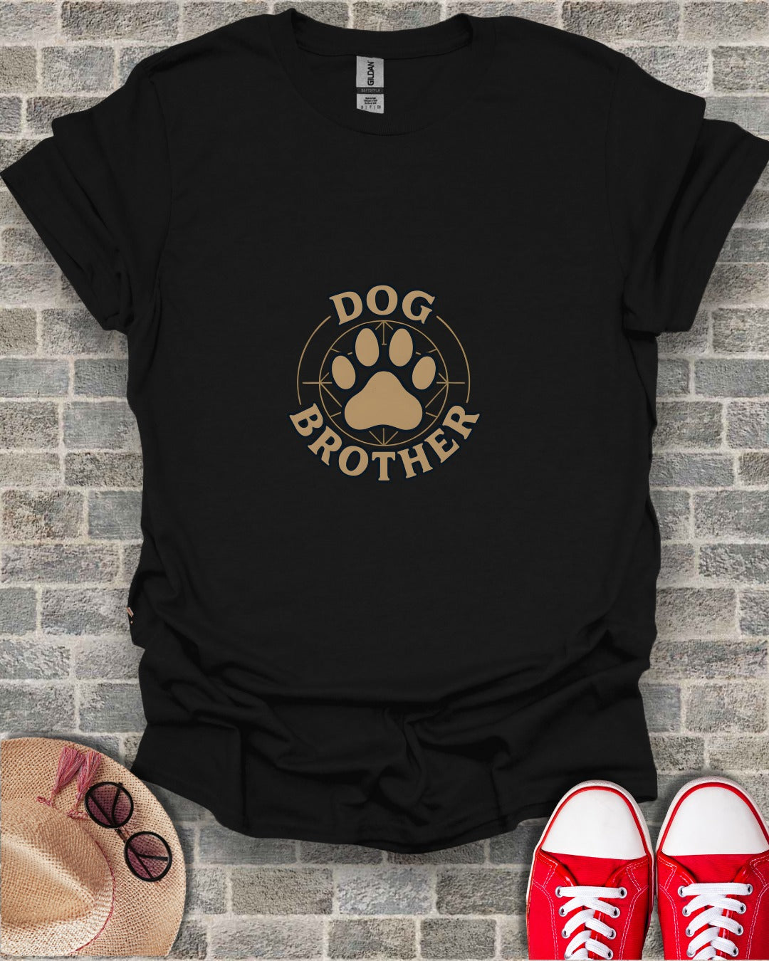 Black t-shirt with "Dog Brother" text and paw print design.