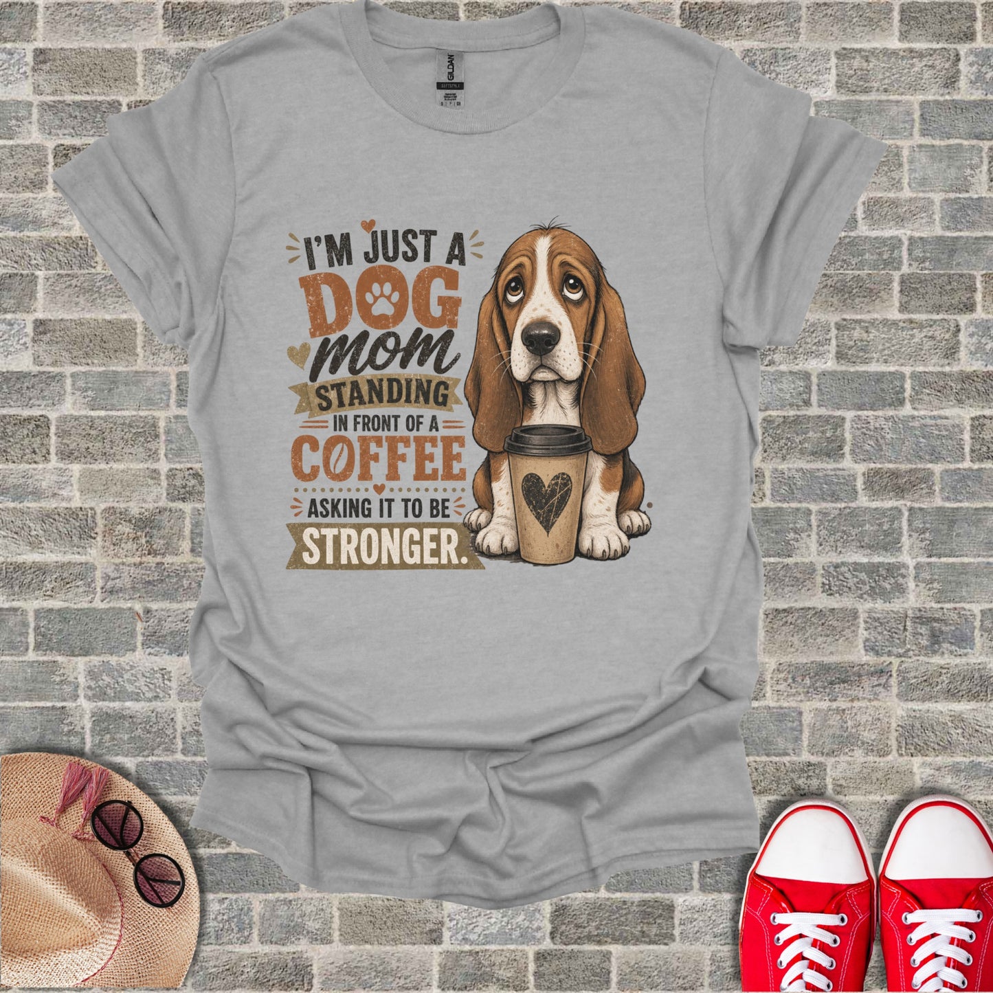 T-shirt with a Basset Hound graphic and "I'm just a dog mom" text.