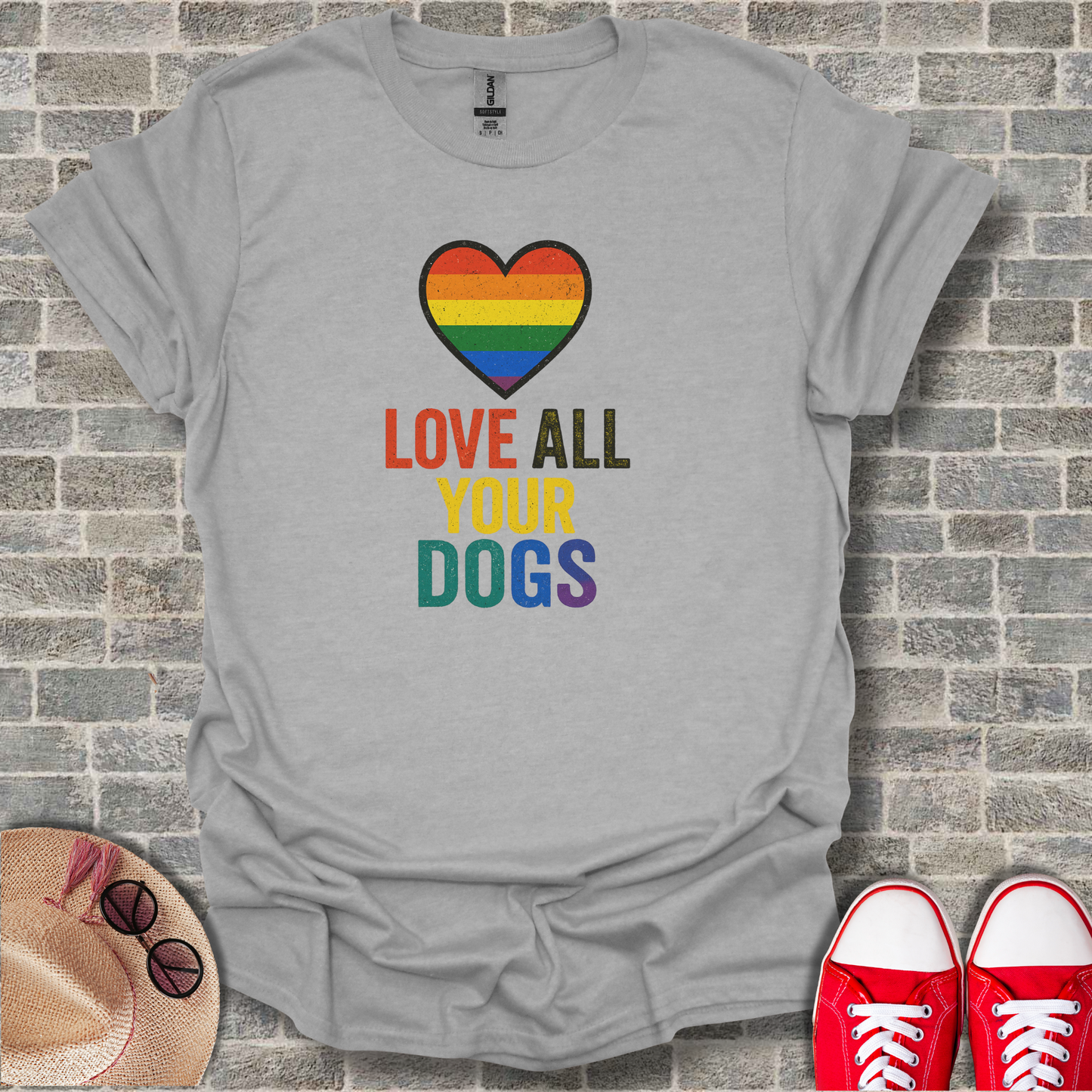 Love All Your Dogs T-Shirt — Rainbow Heart Dog Lover Tee