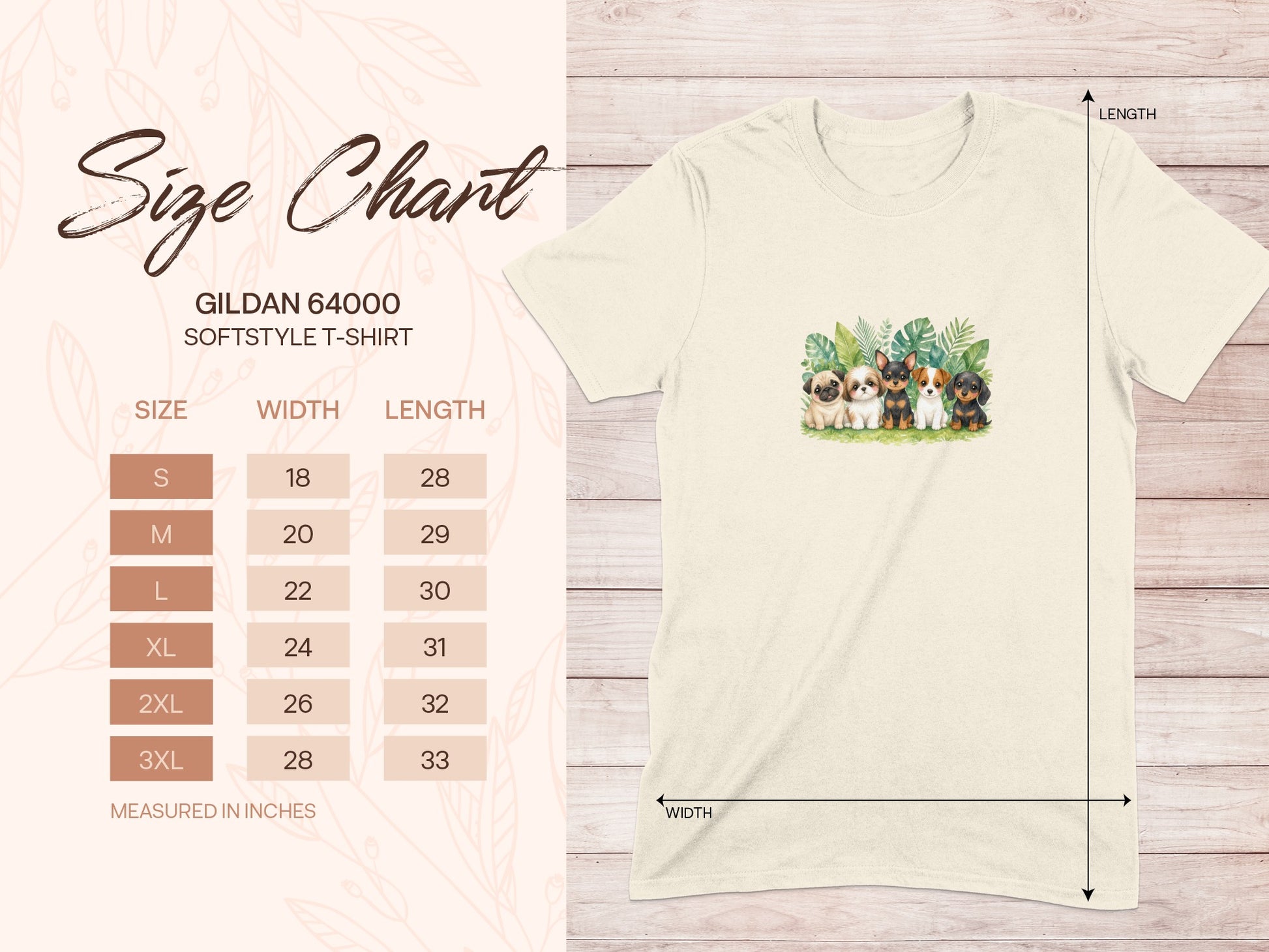 Gildan 64000 Softstyle t-shirt size chart with width and length measurements.